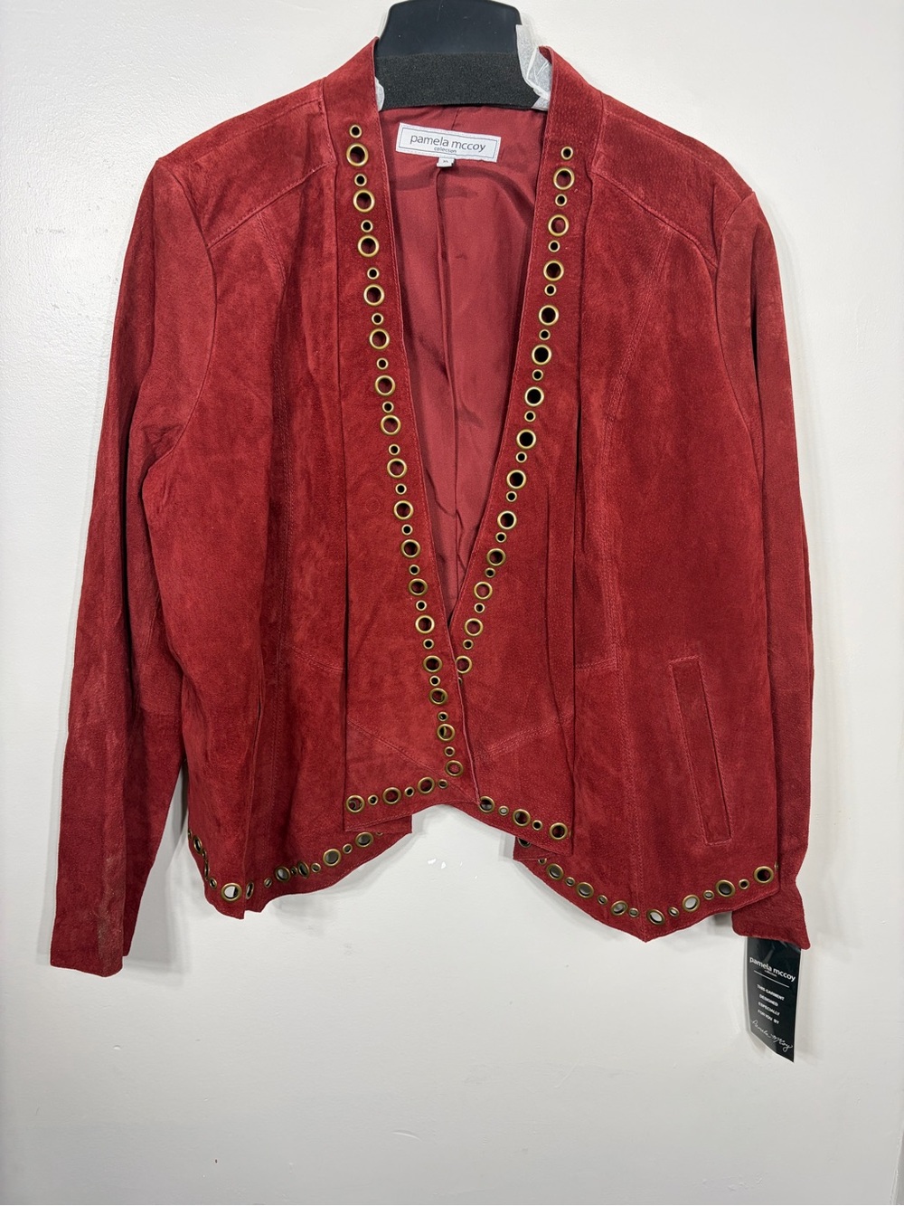 NWT Pamela McCoy Red Genuine Suede Leather Grommet Studded Open Front Jacket New